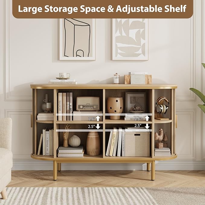 QUW Console Table with Sliding Tambour Doors, 47" TV Stand with Storage & Adjustable Open Shelves for TVs up to 55", Modern Entryway Table for Living Room, Foyer, Hallway, Natural Oak