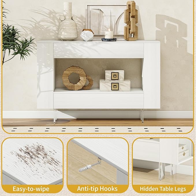 47" Narrow Console Table with Hidden Side Storage Cabinets, Adjustable Shelves, Modern Entryway Sofa Table for Behind The Couch, Living Room, Hallway, White