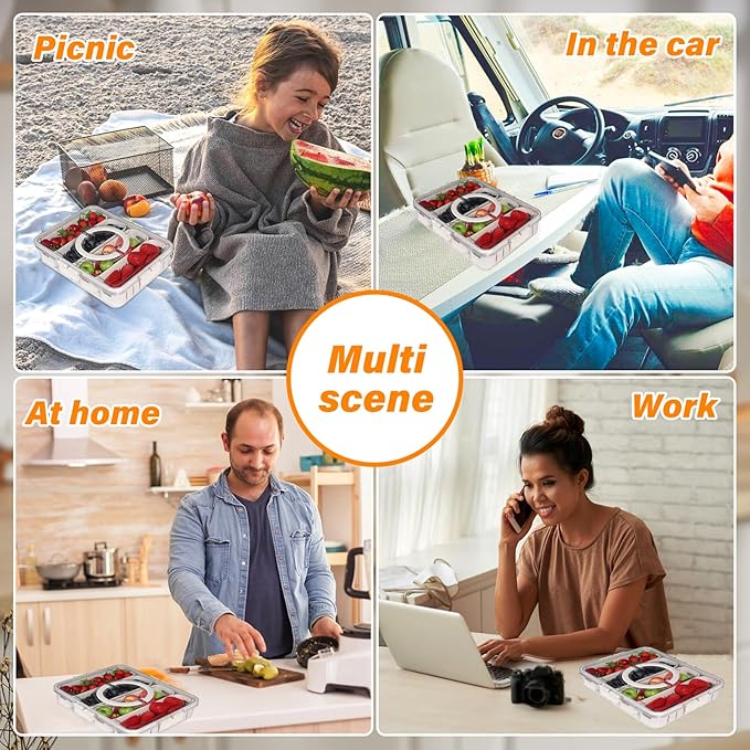 Portable Fruit Storage Containers for Fridge, 4 Compartments Snack Box Container, BPA-Free Divided Serving Tray with Lid for Veggie, Clear Snack Tray Candy Tray
