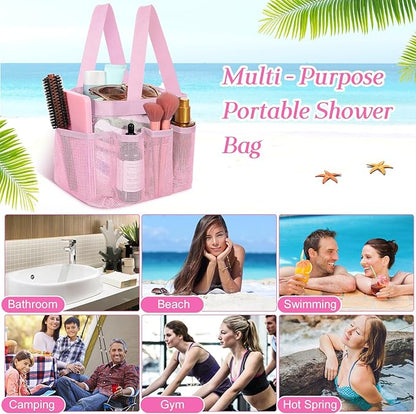 Hillban 4 Pcs Mesh Shower Caddy Portable Shower Caddy for Dorm Beach Mesh Bags with Deeper 8 Pockets and Handles Showers Caddies Basket for Women College Room Vacation(Pink)