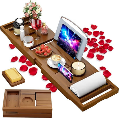 Foldable Bathtub Caddy Tray, Bamboo Bath Tub Tray Table for Tub with Wine Glass Holder Book Phone Tablet Holder with Extending Sides, Adjustable Bathroom Bathtub Free Soap Holder Gift Idea (Walnut)