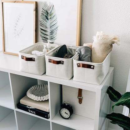 OrganiHaus 12x8in Canvas Storage Baskets 3 Pack | SMALL Fabric Bins for Shelves | Pantry & Bathroom Organizer | Full Off-White