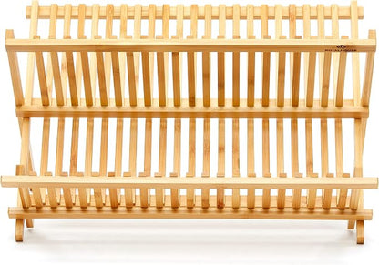 RoyalHouse Premium Natural Bamboo Dish Rack, Collapsible Dish Drainer, Foldable and Compact Dish Drying Rack for Kitchen Counter