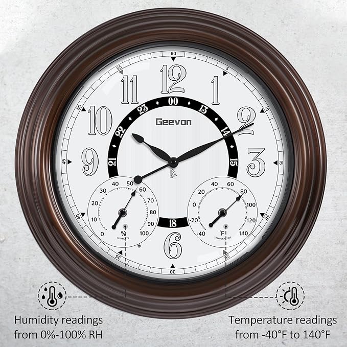 Geevon Illuminated Indoor Outdoor Clocks Waterproof 18 inch with Smart Sensor,Large Wall Clock with Thermometer & Hygrometer for Kitchen, Living Room, Bedroom,Decorations, Rubbed Bronze