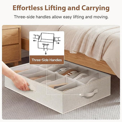 StorageWorks Underbed Shoe Storage Organizer for Closet, 2-Pack Fabric Under Bed Shoe Organizer with Adjustable Dividers, Fits up to 24 Pairs, Beige(Natural Texture)