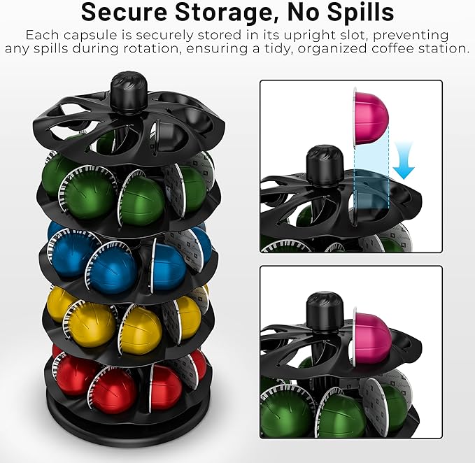 EVERIE Coffee Pod Holder for Vertuo Capsules, 40-Pod Rotating Carousel Organizer, Space-Saving Countertop Display, Smooth Spin & Secure Upright Slots, Fits All Vertuo Sizes (Black)