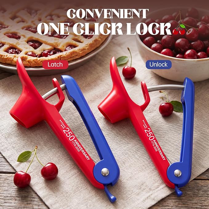 Cherry Pitter - UCMORX Stainless Steel Cherries Pitter Tool Cherries Corer Cherry Remover for Making Cherry Jam with Lock Design(Red&Blue)