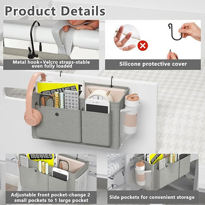 Edudif Bedside Caddy Bedside Organizer with Fixed Straps & Water Bottle Holder, Bunk Bed Caddy ideal for Home, Dorm, Hospital, Crib, Versatile Bedside Storage Solution