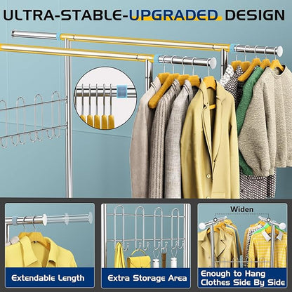 Heavy Duty Clothes Rack Up to 980 LBS, 100% Stainless Steel Rolling Clothing Rack with 2 Tier Shelves, Double Rod Garment Racks for Hanging Clothing, Extendable Rolling Clothes Rack with Wheels