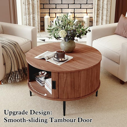 ARTPOWER 31.7" Round Coffee Table with Tambour Door, Mid Century Center Table for Living Room, Small Wood Fluted Circle Coffee Table with Storage, Walnut