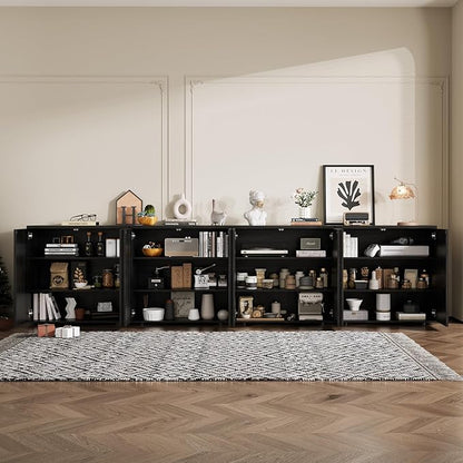 Rophefx Fluted Sideboard Cabinet, 126" Buffet Cabinet with Storage, Credenza Storage Cabinets with Adjustable Shelf, Wood Entryway Cabinets with Pop-up Doors for Living Room, Entryway, Black Grey