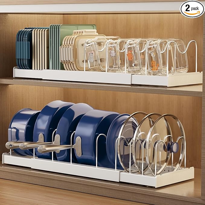 Magheo 2 Pack Expandable Food Storage Container Lid Organizers, 22" Pots and Pans Organizer Under Cabinet with 9 Adjustable Dividers Pot and Pan Lid Holders Rack Inside Cabinet(White)