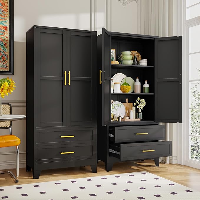 Steel Pantry Cabinet, 71" Metal Storage Cabinets with 2 Doors, 2 Adjustable Shelf and 2 Drawers, Freestanding Storage Cabinet for Bedroom, Kitchen, Home Office (Black)