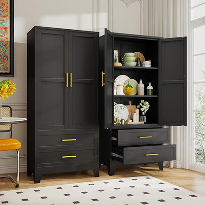 Steel Pantry Cabinet, 71" Metal Storage Cabinets with 2 Doors, 2 Adjustable Shelf and 2 Drawers, Freestanding Storage Cabinet for Bedroom, Kitchen, Home Office (Black)