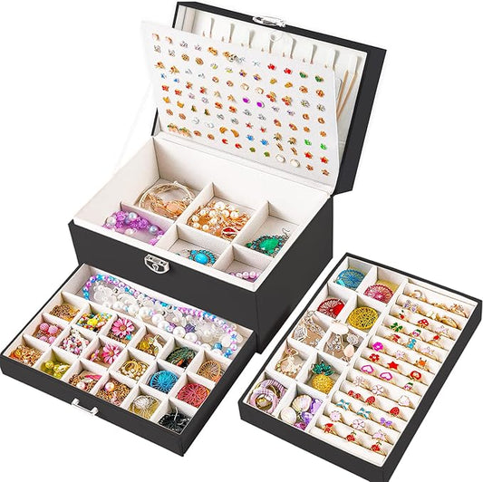 QBestry Earring Jewelry Box for Women Girls Stud Organizer, 5 Layers Black Jewelry Organizer Box With Lock Necklaces and Earrings Holder Jewelry Box with Earring Organizxer for Women Girls Xmas Gifts