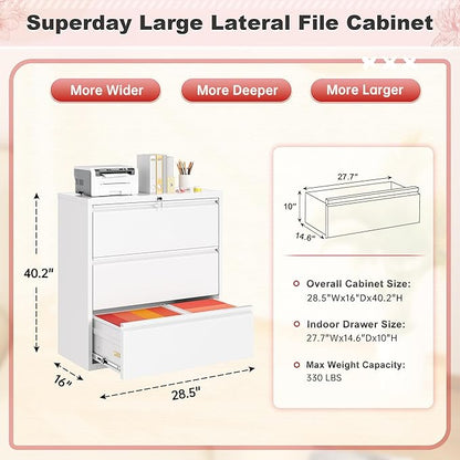 Superday Lateral File Cabinet 3 Drawer Metal File Cabinet with Lock, White Filing Cabinets for Home Office, Locking Filing Cabinets Hanging Files Letter/Legal/F4/A4