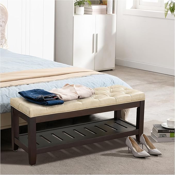 44" Ottoman Bench, Upholstered End of Bed Bench, Oversized Footrest with Wood Shelf torage Storage Bench for Bedroom, Entryway, Living Room, Beige(PU)