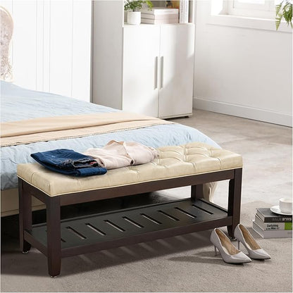 44" Ottoman Bench, Upholstered End of Bed Bench, Oversized Footrest with Wood Shelf torage Storage Bench for Bedroom, Entryway, Living Room, Beige(PU)
