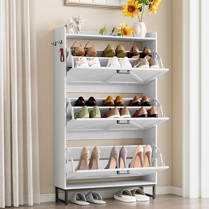 Shoe Cabinet with 3 Flip Drawers Narrow Shoe Storage Cabinet Organizer Wooden Freestanding Shoe Rack Hidden Slim Shoes Storage Cabinet for Entryway, Hallway, Living Room, Bedroom