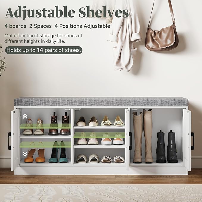 Shoe Storage Bench with Storage Cabinet, 3-Tier Entryway Bench with Padded Seat Cushion, Wood Shoe Cabinet Bench with 4 Adjustable Shelf for Living Room, Bedroom, White