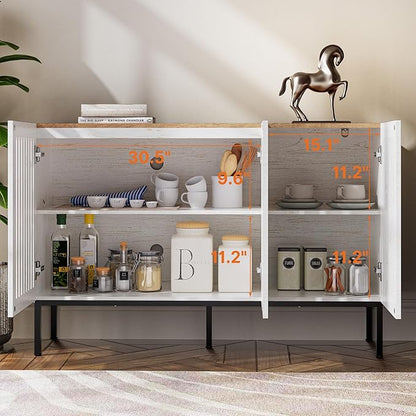 47" Farmhouse Buffet Cabinet with Metal Base, Adjustable Shelves & 3 Doors, Antique White Storage Sideboard for Kitchen, Dining & Living Room
