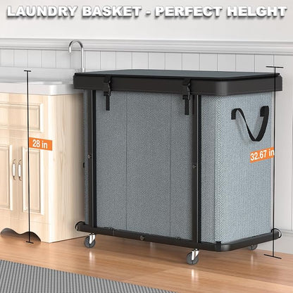 230L (60 Gal) Large Fashion Laundry Basket with Wheels, Leather Patchwork Laundry Sorter 3 Section, Sturdy Metal Frame, Removable Washable Bag, Tall Clothes Sorter for Bedroom - Gray
