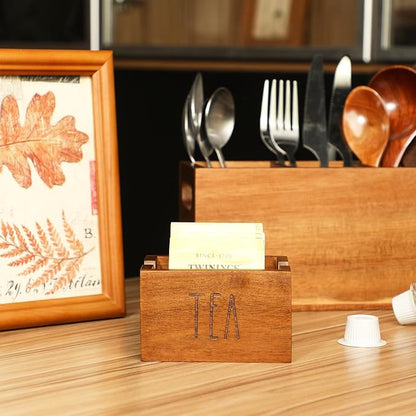 Acacia Sugar Packet Caddy for Coffee Bar, Farmhouse Wood Sugar Holder Packets , Sugar Packet Container, Small Tea Bag Organizer for Office Table,Hotel, Restaurant (Brown-Labeled "TEA")