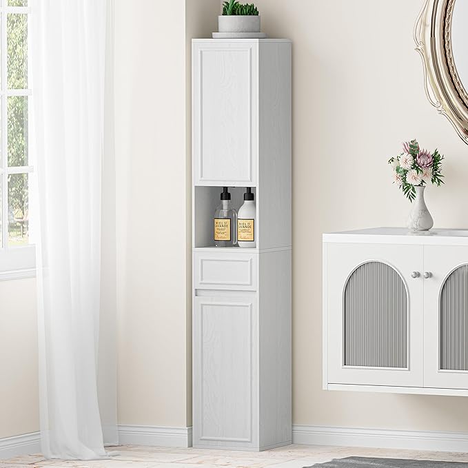 Tall Bathroom Storage Cabinet, Wall Mounted or Floor Mounted,Narrow Slim Wall Cabinet with 2 Door, 1 Drawer, Open Shelf for Living Room, 11.81" D x 11.81" W x 65" H (Embossed White, 2 PCS)