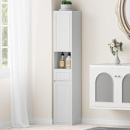 Tall Bathroom Storage Cabinet, Wall Mounted or Floor Mounted,Narrow Slim Wall Cabinet with 2 Door, 1 Drawer, Open Shelf for Living Room, 11.81" D x 11.81" W x 65" H (Embossed White, 1 PCS)
