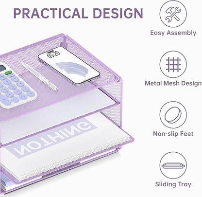 DALTACK 3 Tier Letter Tray Paper Organizer for Desk, Mesh Metal Desk File Organizer with Sliding Trays for Letter/A4 Paper, Mail, Bills & Folders, Light Purple