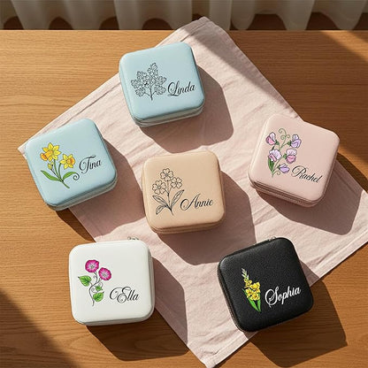 Custom Leather Jewelry Organizer Box with Name & Birth Flower – Personalized Travel Jewelry Case, Small Travel Jewelry Case, Birthday Gift for Women, Bridesmaid Proposal (Flower 2)