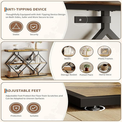 Garvee 3-Tier Entryway Table, Industrial Console Sofa Table with Storage, Accent Tables with Open Shelves, Diamond-Shaped Metal Frame, Foyer Tables for Entryway, Hallway, Rustic Brown