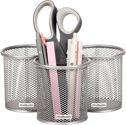 Mind Reader Pen and Accessories Holder, Desktop Organizer, Office, Metal Mesh, 3.5"L x 3.5"W x 3.75"H, Set of 3, Silver