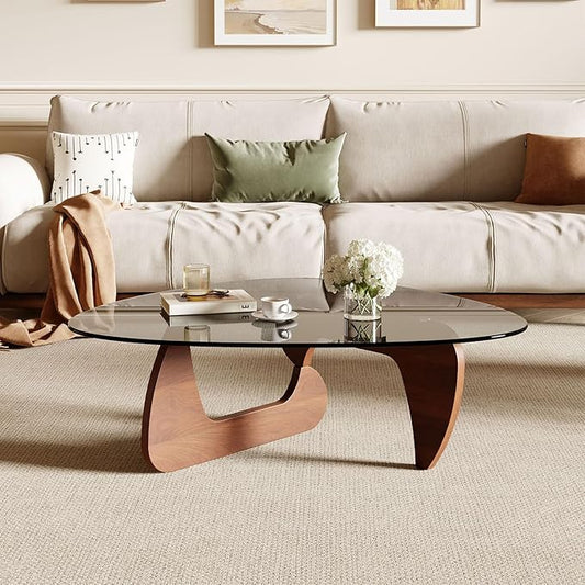 Modern Coffee Table for Living Room and Small Spaces, 35.6" x 25.4" x 15.8" Triangle Tempered Glass Table Top and Solid Wood Base, Walnut