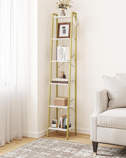 Ladder Shelf, Bookshelf Bookcase, Freestanding Corner Storage Shelve with 2 Hooks for Home Office, Living Room, Kitchen, Bedroom, Industrial, 11.8" D x 13.4" W x 72.8" H,White Gold BC13313G