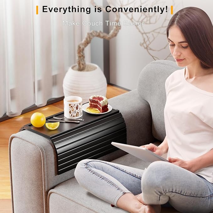 Bestjing Bamboo Sofa Armrest Tray Table for Couch - 2-in-1 Couch Arm Table with Be Slide Detachable Tray- Anti-Slip Foldable Sofa Armchair Caddy for Drinks Cellphone TV Remote Snacks (Black)
