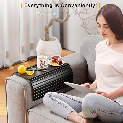 Bestjing Bamboo Sofa Armrest Tray Table for Couch - 2-in-1 Couch Arm Table with Be Slide Detachable Tray- Anti-Slip Foldable Sofa Armchair Caddy for Drinks Cellphone TV Remote Snacks (Black)