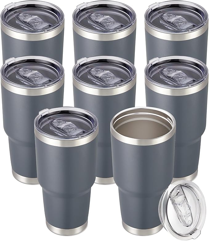 30 oz Tumbler with Lid Stainless Steel Tumblers Bulk Vacuum Insulated Cup Reusable Powder Coated Travel Mug Double Wall Leak Proof Cups Keep Cold Drinks for 12 Hours Gray, Set of 8