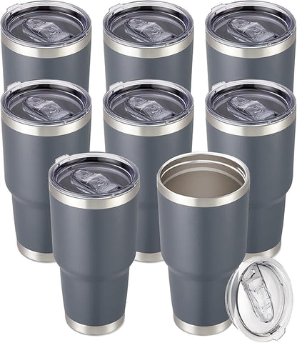 30 oz Tumbler with Lid Stainless Steel Tumblers Bulk Vacuum Insulated Cup Reusable Powder Coated Travel Mug Double Wall Leak Proof Cups Keep Cold Drinks for 12 Hours Gray, Set of 8