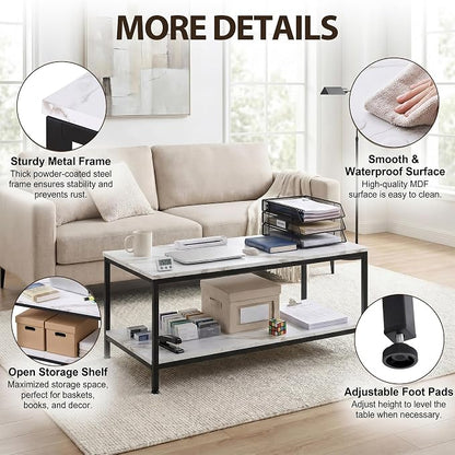 SUPER DEAL 2-Tier Coffee Table with Storage Shelf for Small Apartment Living Room, Rectangle Wood and Stable Metal TV Stand Side End Table, White Marble