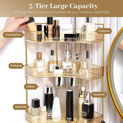 Aveniee Corner Bathroom Counter Organizer, Bathroom Countertop Shelf Makeup Organizer for Vanity Perfume Tray for Corner Storage (3 Tiers, Gold)