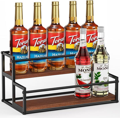 THYGIFTREE Coffee Syrup Rack Organizer 2-Tier 10 Syrup Bottles Holder Stand Metal with Wood Base for Coffee Bar Storage Shelves for Kitchen Countertop Matte Black
