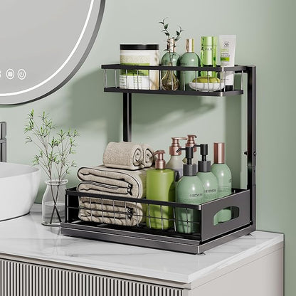 Under Sink Organizer, Cabinet Organizer for Kitchen, Height Adjustable Pull Out Heavy Duty 2 Tier Metal Under Sink Storage for Bathroom Pantry (Black, 1 Pack)