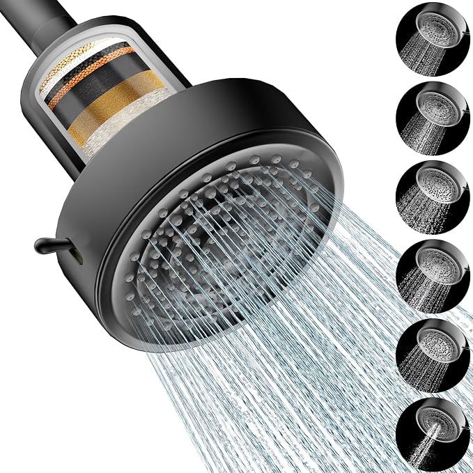 Filtered Showerhead - Best Shower Head With Filters for Healthy Hair & Skin | Filtered Shower Head for Hard Water,Removes Chlorine & Heavy Metals,6 Mode Settings,High Pressure,Easy Install,Water Softener