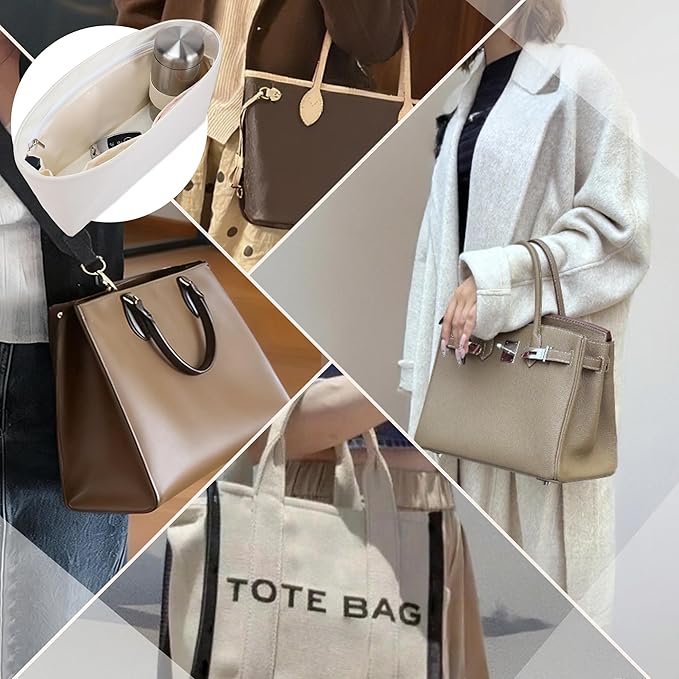 Purse Organizer Insert, Satin Tote Bag Organizer with 8 Sizes, Handbag Dividers for Inside Purse, Compatible with Longchamp, Neverful, 25C Hobo and More Bags（Slender Medium,Craie）