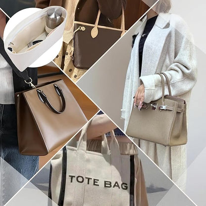 Purse Organizer Insert, Satin Tote Bag Organizer with 8 Sizes, Handbag Dividers for Inside Purse, Compatible with Longchamp, Neverful, 25C Hobo and More Bags（Slender Medium,Craie）