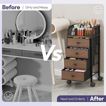 SWTYMIKI Rolling Makeup Organizer Cart - Under Desk Vanity Makeup Storage with 4 Non-woven Drawers, Nail Cart Organizer Cosmetic Display Cases Cabinet for Skin Care Perfume Nail Polish Brush Hair Tool