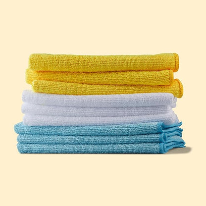 Amazon Basics Microfiber Cleaning Cloths, Highly Absorbent, Scratch-Free, Ultra-Soft, Non-Abrasive, Reusable and Washable, 16" x 12", Blue/White/Yellow, 48-Pack