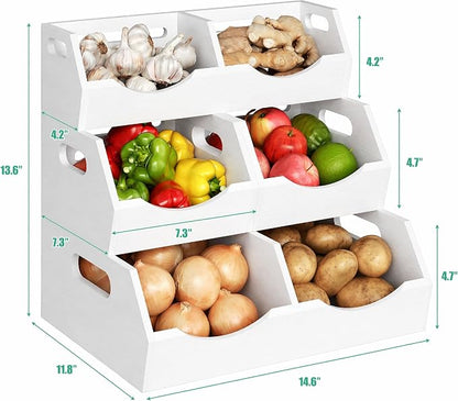 Potato and Onion Storage Bin, 3 Tier Bamboo Kitchen Storage Rack, Stackable Ventilated Pantry Organizer with Handles for Garlic Peppers Vegetables, Countertop Produce Bins, White(Assembly Required)