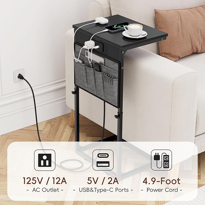 Vagusicc C Shaped End Table with Charging Station, Tall C Table End Table Adjustable Height Side Table for Couch, Small Couch Table Slide Under Sofa Table TV Tray Table for Living Room, Bedroom, Black
